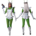 Women Alien Ladies Outer Space Alien Cosplay Outfit Metallic Silver Corset Green Bodysuit Costume for Halloween Carnival