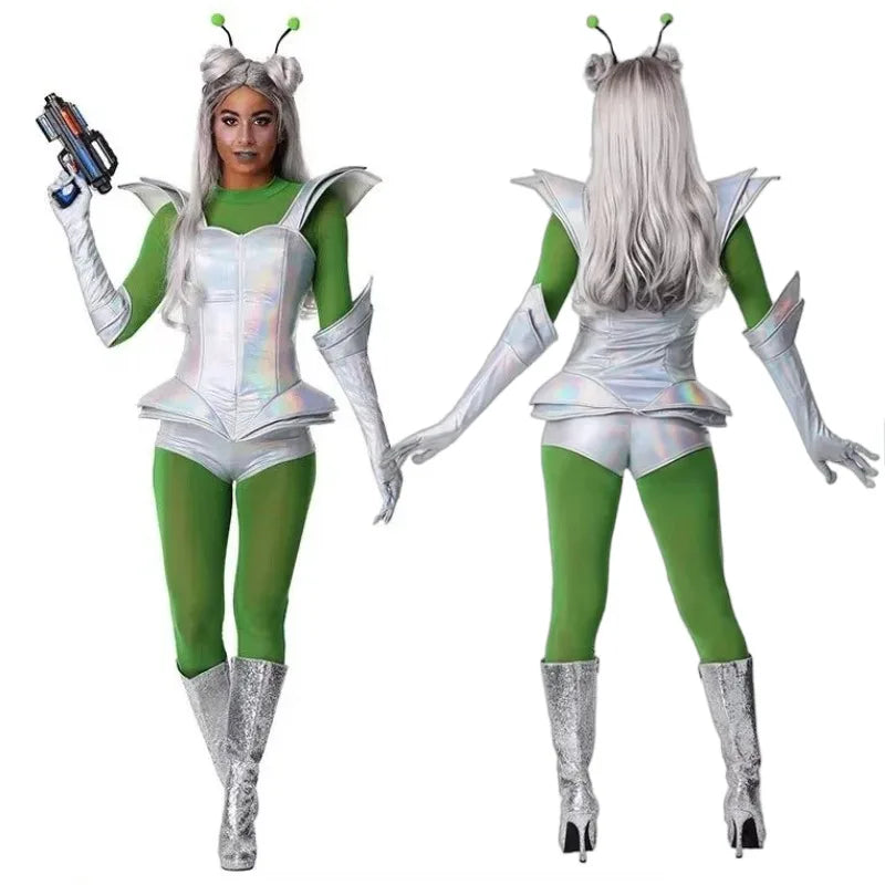 Women Alien Ladies Outer Space Alien Cosplay Outfit Metallic Silver Corset Green Bodysuit Costume for Halloween Carnival