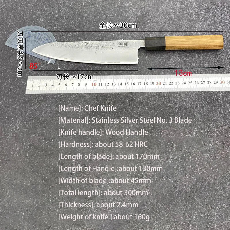 8.3 Inch Chef Knife Stainless Silver Steel No. 3 Blade Wood Handle Cleaver Meat Slicing Vegetables Japanese Kitchen Sharp Knife