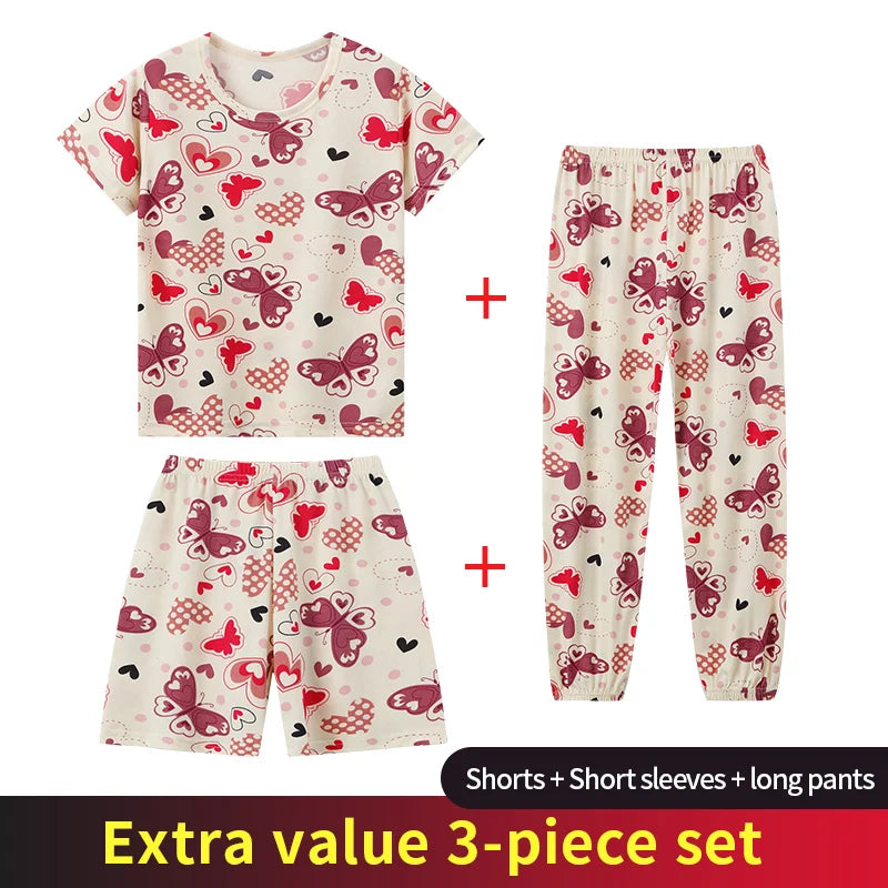 3-Piece Children's Fashion Printed Multicolor Home Service Suit Boy Casual T-shirt Girl Sweet Love Pattern Comfortable Shorts