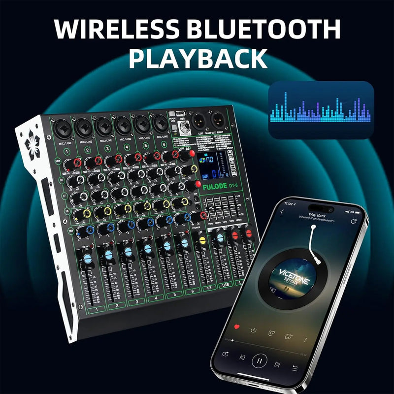 Professional Dj Audio Mixer 6 Channels Mixing Console With 99 Dsp Effects Bluetooth 48v Phantom Power And Vocal Cancellation