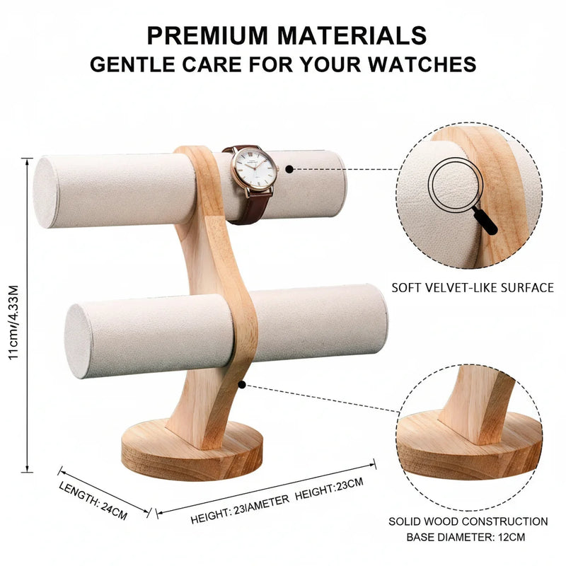 Double-Tier Wooden Watch Display Stand - Large Capacity for Multiple Watches with Soft Velvet-Like Protective Surface