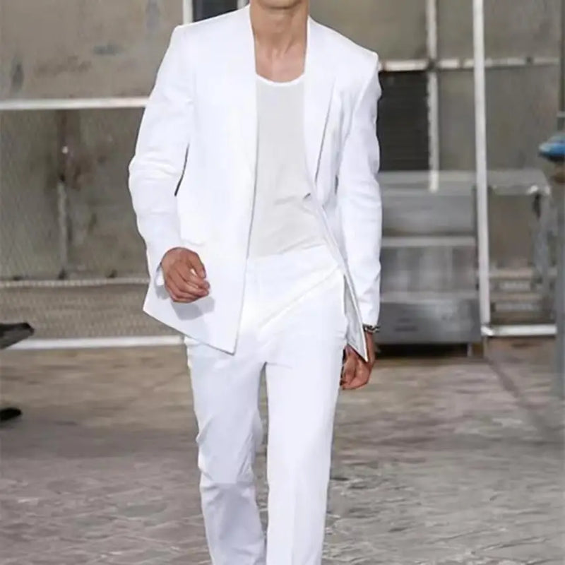 2025 New Summer Long Jacket Wedding Suits for Men White Trousers Groom Tuxedos Classic Lapel Man Blazer 2 Pieces Coat Pants Prom