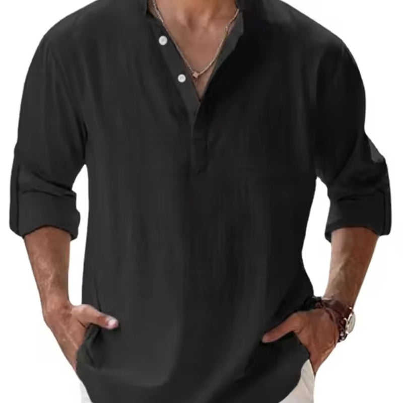 Men's Cotton Linen Henley Shirt Casual Long Sleeve Loose | SAMAG