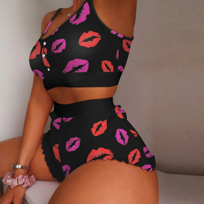 2 Pieces Set Women's Pajama Shorts Suit Multiple Print Underwear Sexy Lingerie Camisoles Tanks Nighty Ladies Loungewear Homewear