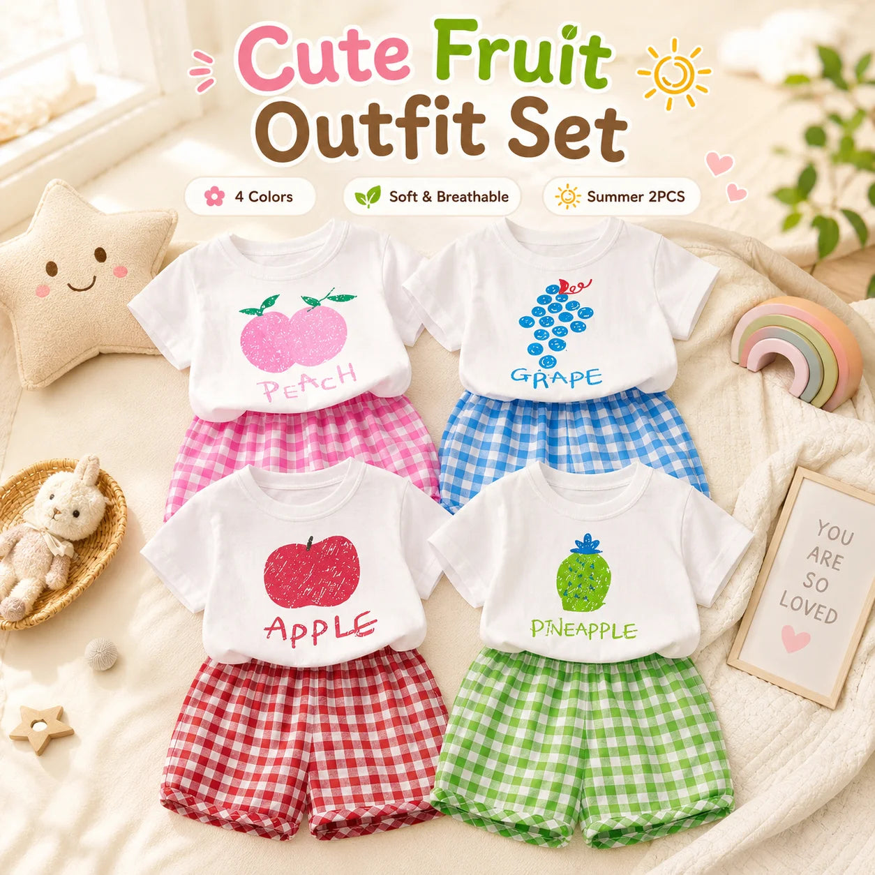 Children's Sets 2-piece Short-sleeved Round Neck Top+plaid Shorts Fruit Lemon Grape Cartoon Design Outer Wear Casual Summer