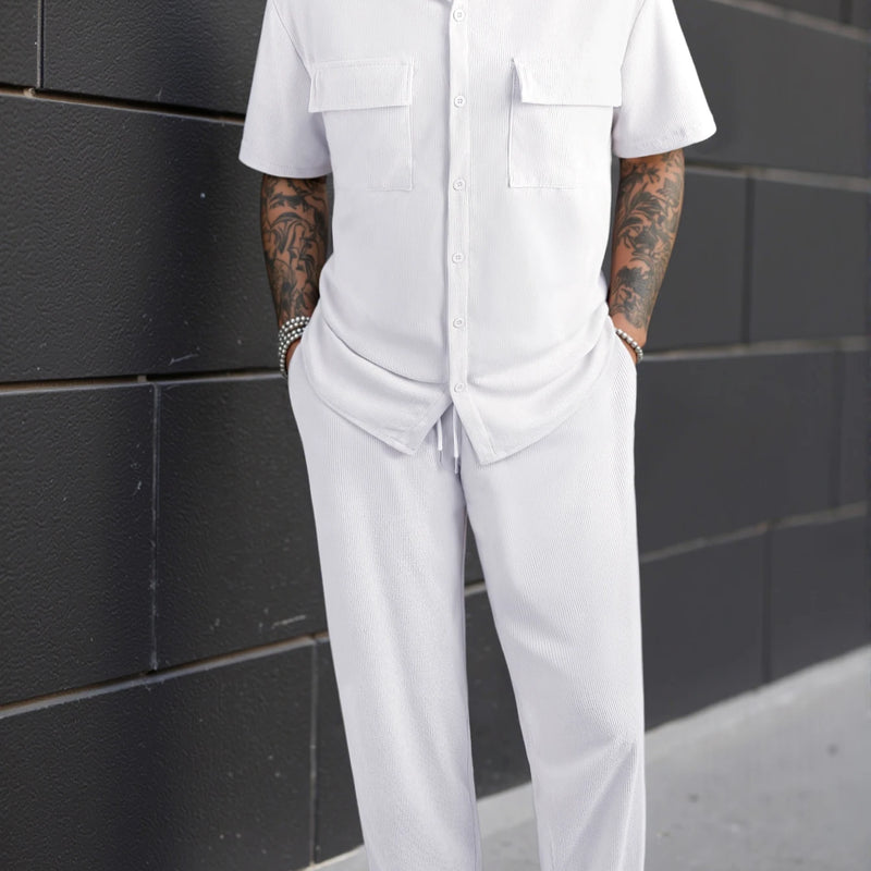 New 2pcs Set Men's Short Sleeve Shirt + Pants Suits for Beach Wear Tracksuit Solid Color Sweatpants Hawaiian - View 3 | SAMAG