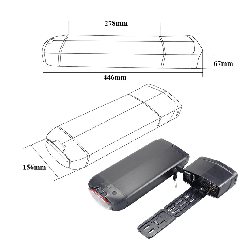 EVRYjourney  FATTIRE 500W RearRack Ebike Battery 48V 10.4Ah 12Ah 14Ah with Taillight Charger & Safety Lock for Electric Bike
