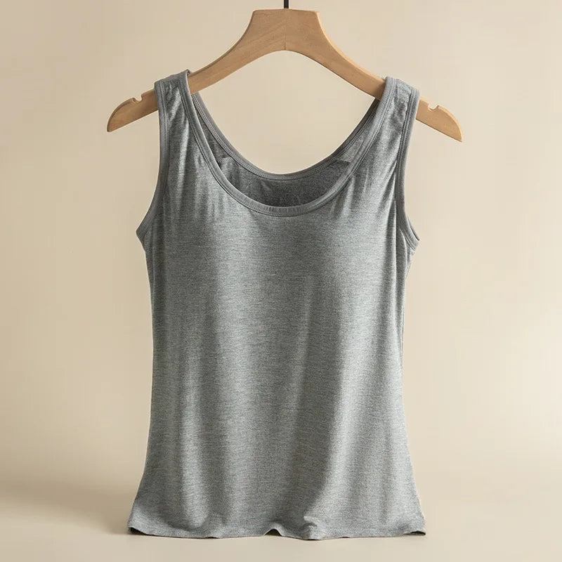 1pcs Women's Vest Tops Round Neck Vests Solid Color Padded Slim Fit Tank Tops Sexy Feminino Casual Tank Tops With Built In Bras