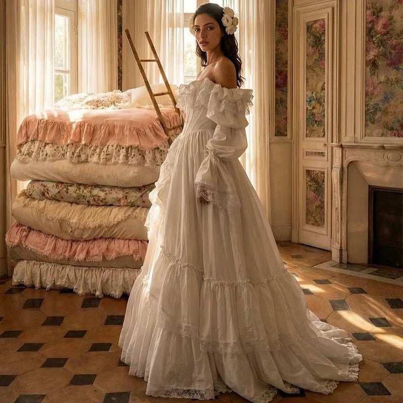 Eightree Vintage A - Line Wedding Dresses Puff Sleeve Lace - View 2 | SAMAG