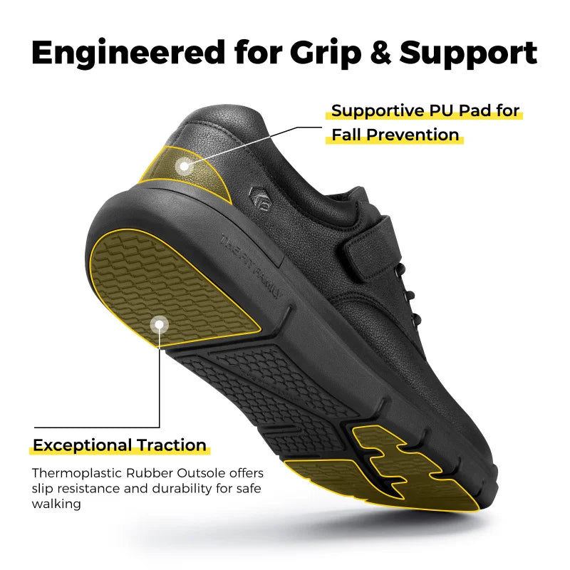 FitVille Men'S Diabetic Shoes Wide Width Leather Oxford Dress Walking Shoe Hook And Loop Orthopedic Sneakers For Swollen Foot