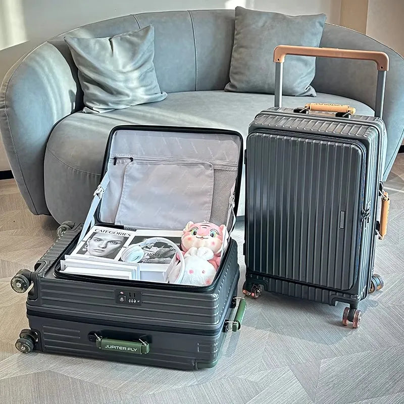Side Opening Suitcase Wide Trolley Travel Case with Skating Spinner Wheels TSA Lock Rolling Luggage PC Material 20/24/26/28inch