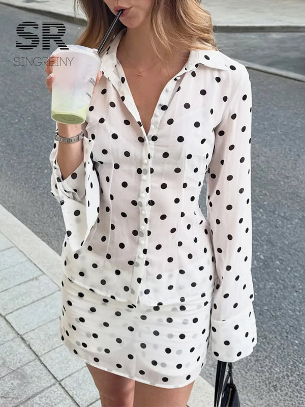 SINGREINY Polka Dot Cotton Blouse Suits Women Lapel Long Sleeves Shirt+Mini Skirt High Quality Autumn Slim Print Skirt Sets