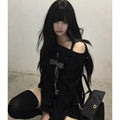 Seeslim Cross One-shoulder Graphic Hoodies Long Sleeve Black Women's Sweatshirts Harajuku Grunge 2000s Clothes Y2k Autumn Tops