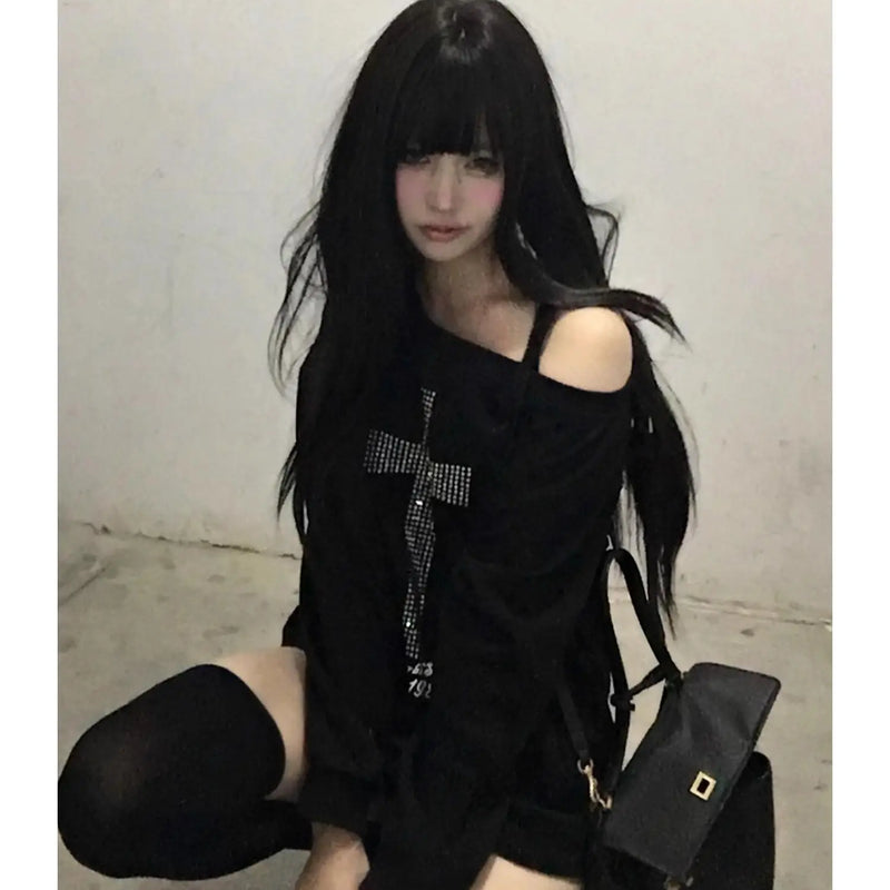 Seeslim Cross One-shoulder Graphic Hoodies Long Sleeve Black Women's Sweatshirts Harajuku Grunge 2000s Clothes Y2k Autumn Tops