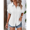 Women Casual Cotton Blouse Vintage Summer Short Sleeve Slim Shirt Elegant Turn Down Collar Solid Tunics Harajuku Streetwear Tops