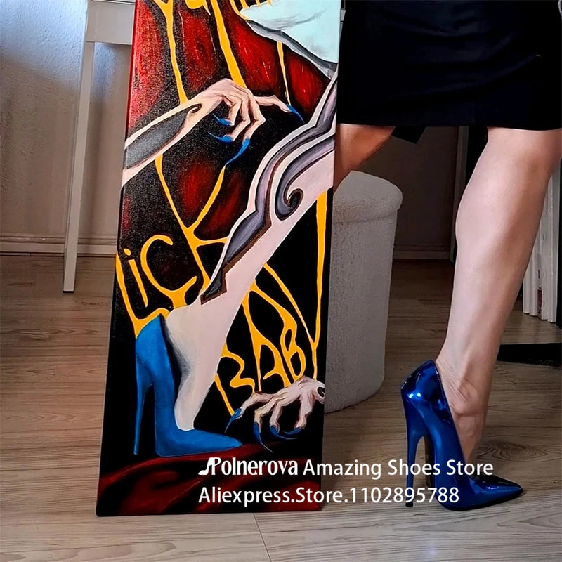 Metallic Blue Extreme Pumps 16cm Lacquered High Heels Sexy Style Pointed Toe Patent Leather Stilettos Fashionable Slip on Pumps