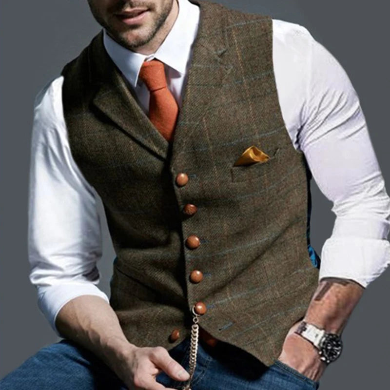 Fashion Men's Vests Lapel Tweed Plaid V-neck Waistcoat Slim Fit Vest Business Formal Dress Suit Casual Wedding Tuxedo Male Vest