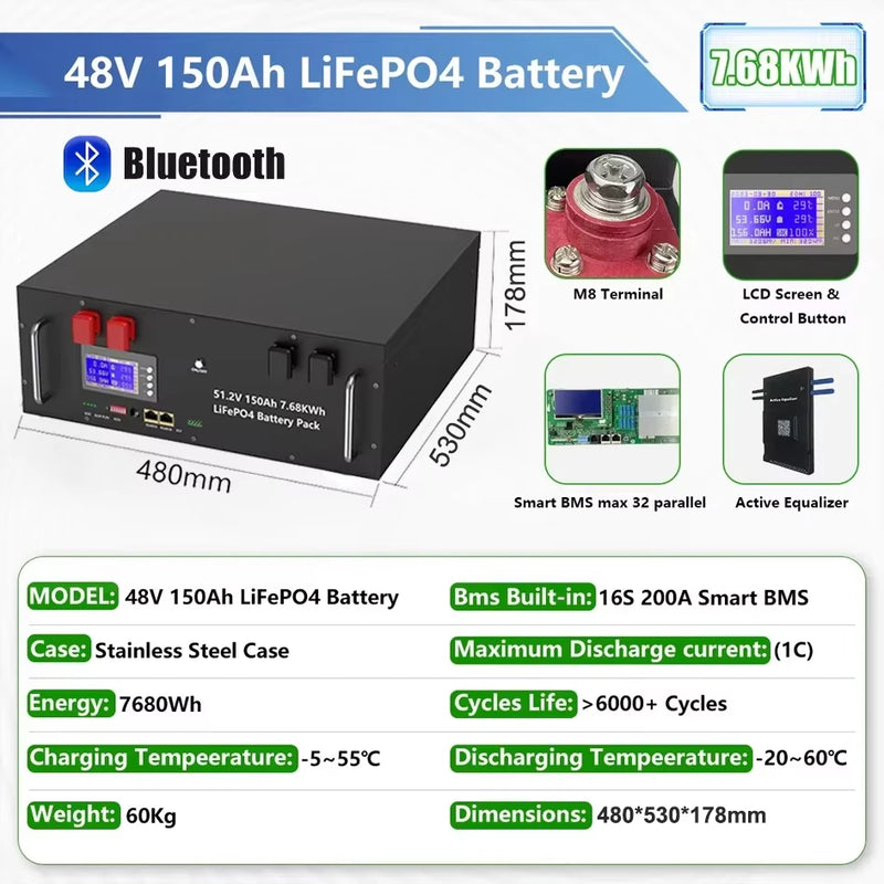 48V 400Ah LiFePO4 Battery Pack 20Kwh 6000+ Cycles 51.2V 100Ah 120Ah 150Ah 200Ah 300Ah Lithium Solar Energy Storage AKKU EU STOCK