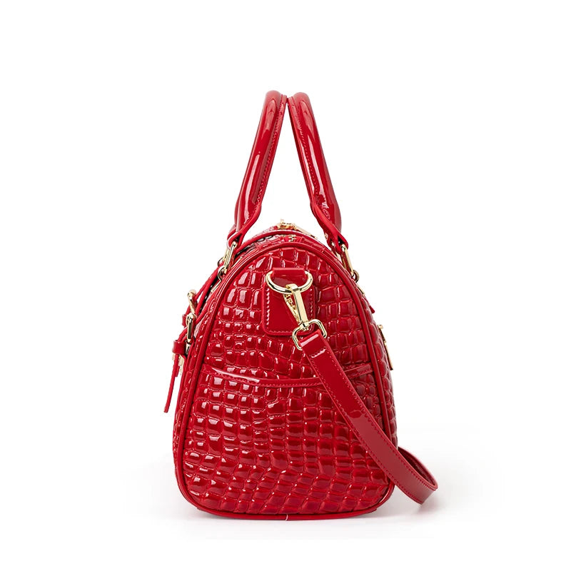 Aidrani Red Genuine Leather Crocodile Tail Boston Bag Women's Fashion Cowhide Handbag Single Shoulder Bag