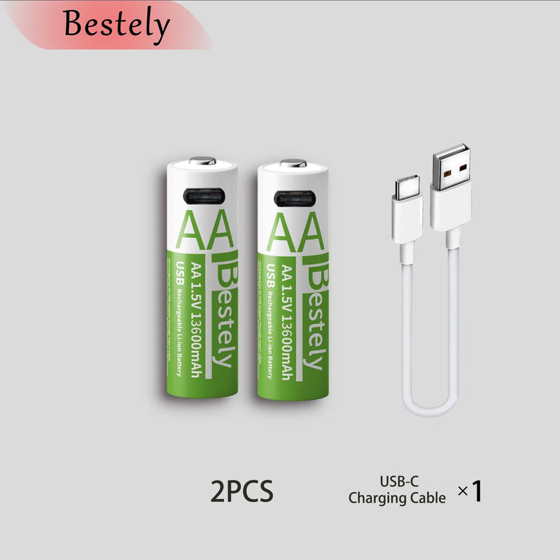 Bestely 1.5V 13600mAh USB AA Lithium Ion Rechargeable Battery, Fast Charging Li-ion Akku, 2000 Cycle with USB-C Port Cables