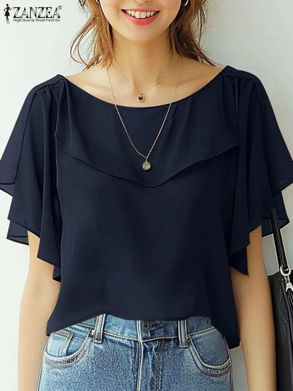 ZANZEA Summer Women Chiffon Blouse Elegant Ruffle Short - View 3 | SAMAG