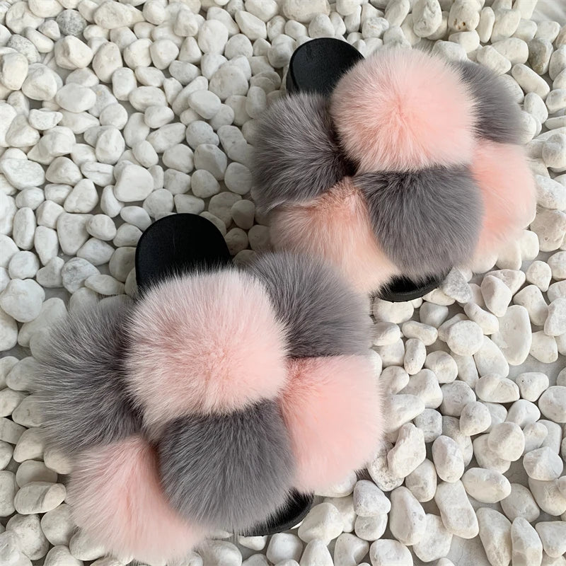 Fur Slides Factory Supply Mixed Color Pom Pom Six Balls Fox Fur Multi-Color Fluffy Fur Slippers For Women