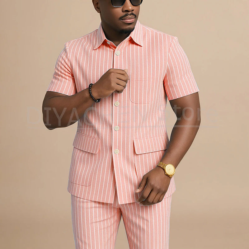Navy Blue Striped Men Suits Chic Stand Collar Short Sleeves Wear Single Breasted Office Business Casual Male Suit 2 Piece