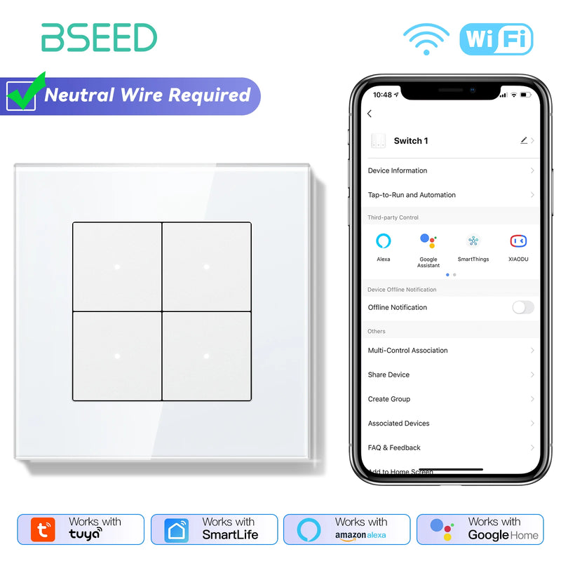 BSEED WIFI Light Switch 1/2/3/4Gang 2Way Smart Click Button Switch Glass Panel White LED Indicator Tuya Smart Life Alexa Control