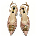 2026 Italian Peach Gold Rhinestone HAND CRAFTED UPPER Pointed Toe Women High Heels Shoes and Bag Set Elegant Party Shoes