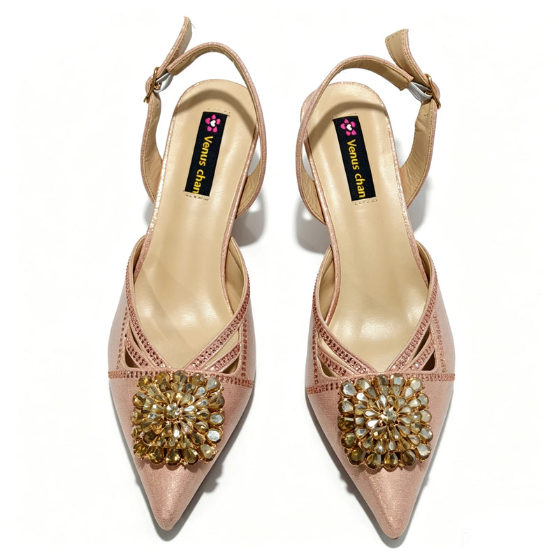 2026 Italian Peach Gold Rhinestone HAND CRAFTED UPPER Pointed Toe Women High Heels Shoes and Bag Set Elegant Party Shoes