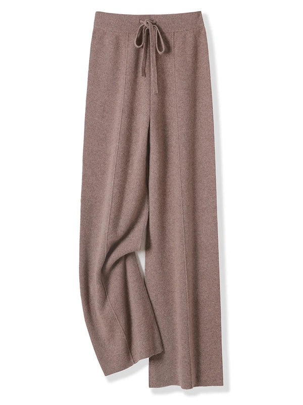 100% Merino Wool Pants Women Autumn Winter Casual Wide Leg Trousers Middle Seam Style Knitted Cashmere Soft Lace-up Trendy Pants