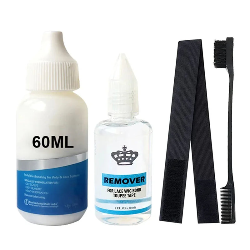 Waterproof Wig Adhesive Invisible Lace Glue for Toupee Frontal Closure Hair Replacement with Ghost+Remover Hair Bonding Solution