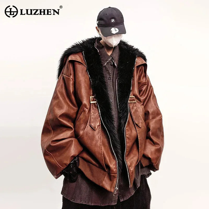 LUZHEN Fashion Original High Quality Faux Fur Patchwork Collar Leather Jacket Men's 2025 Winter Vintage Street Male Coat JY4929