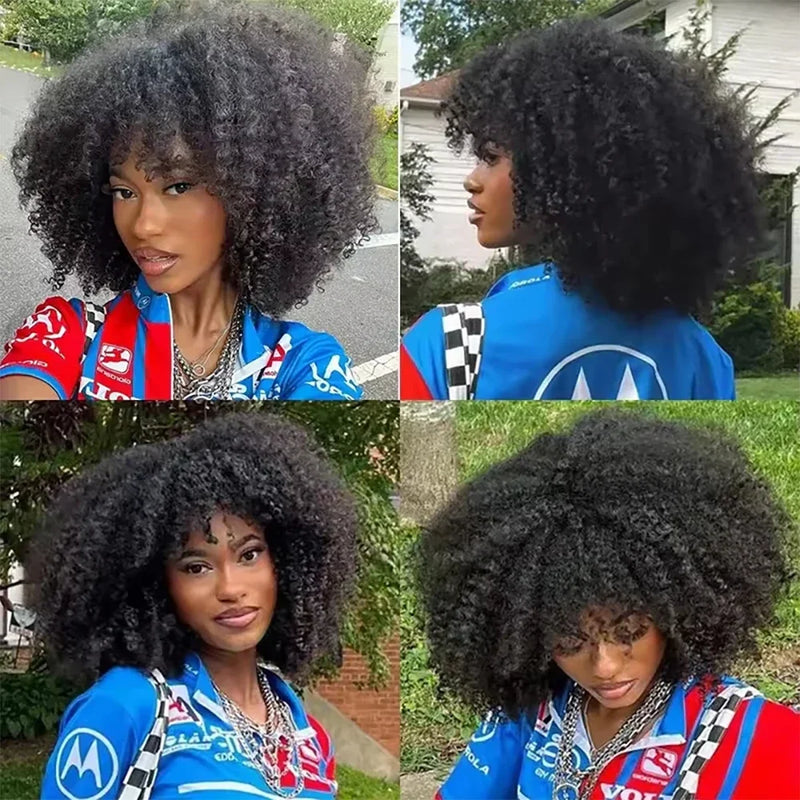 Mongolian Afro Kinky Curly Human Hair Wig For Women Raw Indian Hair Short Bob Wigs With Bangs Afro Curly Fringe Wigs Glueless