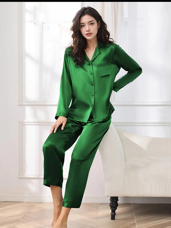 Birdtree 16MM 100% Real Silk Pajama Set Women's Solid Lapel Long Sleeve Pants Basic Comfortable Loungewear Spring S3D988QD