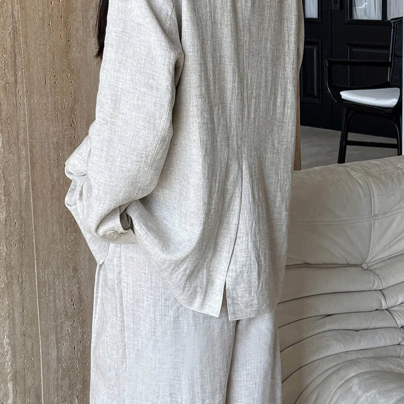 Autumn Hig-end Linen Material Blazer Jacket Sets Women 2025 Summer New Loose Wide Leg Casual Pant Ladies Clothing Office Lady