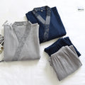 Men Japanese Kimono Pajamas Set Cotton Robe Pants Kimono Haori Yukata Nightgown Sleepwear with Pocket Lace Up