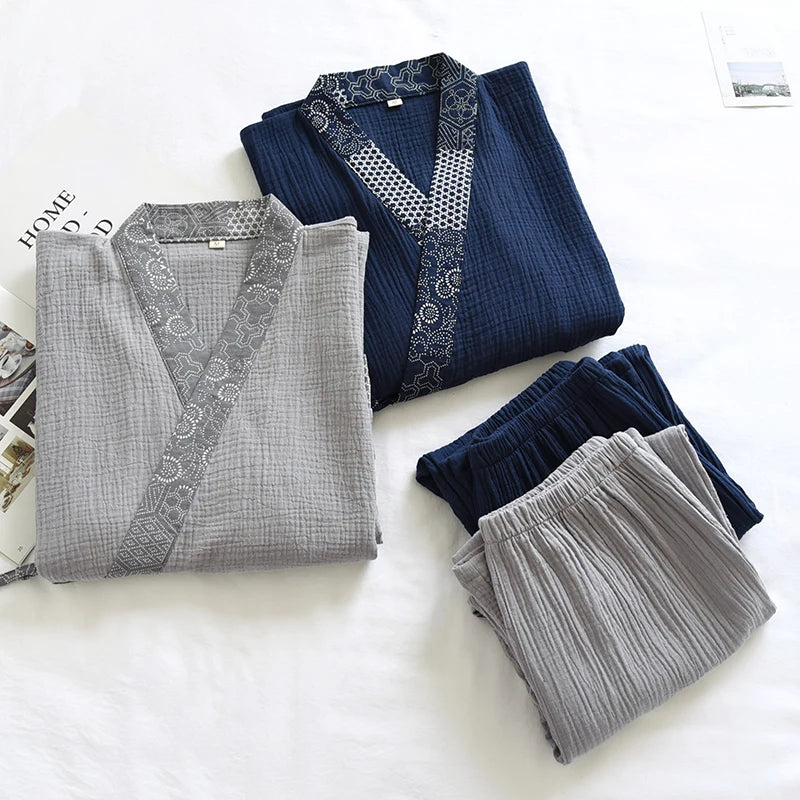 Men Japanese Kimono Pajamas Set Cotton Robe Pants Kimono Haori Yukata Nightgown Sleepwear with Pocket Lace Up