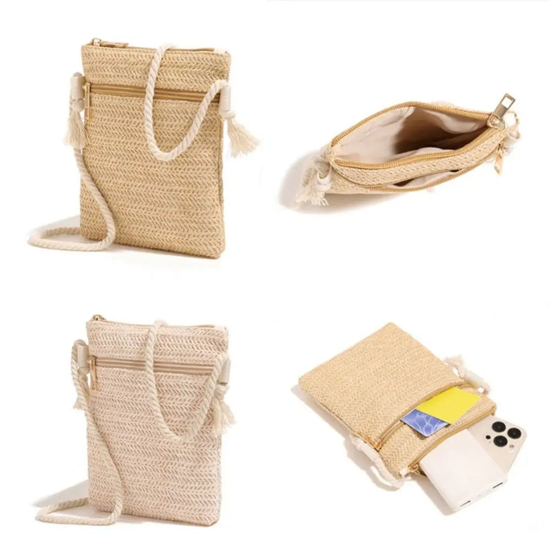 Fashion Straw Shoulder Bag Woven Square Phone Bag Handbags