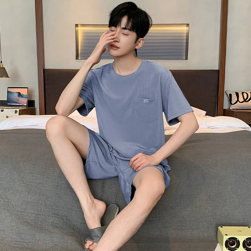 Summer New Men's Pajamas Homewear Set Men's Short-Sleeved Shorts Teenage Students Solid color Casual Pajamas Homewear Set