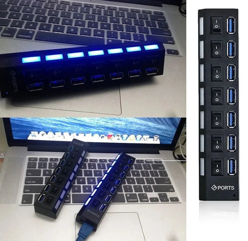 High Speed 7 Ports USB HUB 2.0 Adapter Expander Multi USB Splitter Multiple Extender with LED Lamp Switch for PC Laptop