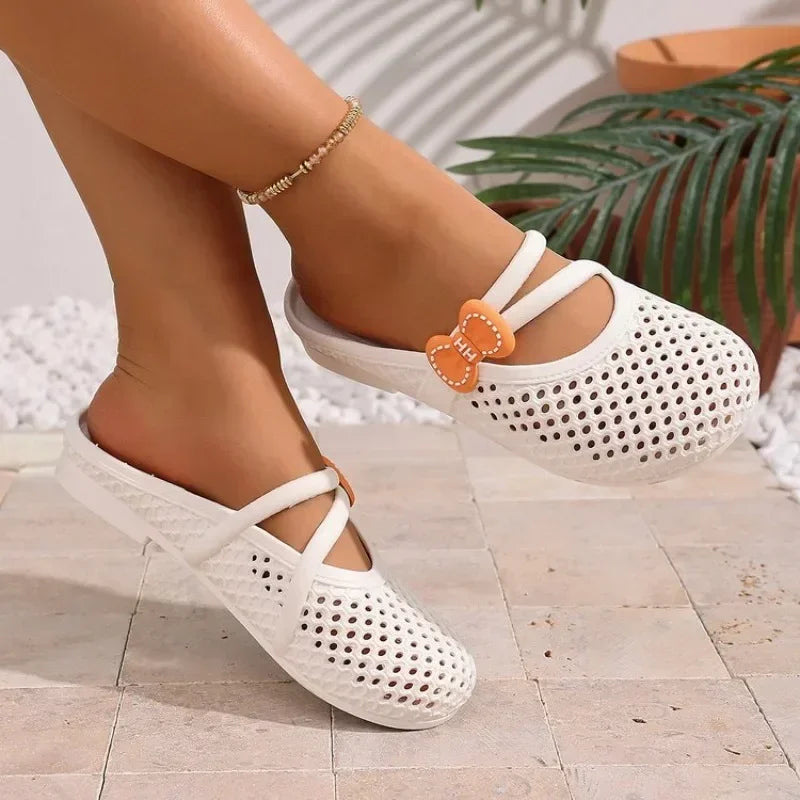 Women's Garden Clogs Breathable Hollow Slip on Mule Shoes Lightweight Comfortable Daily Outdoor Beach House Slippers Khaki White