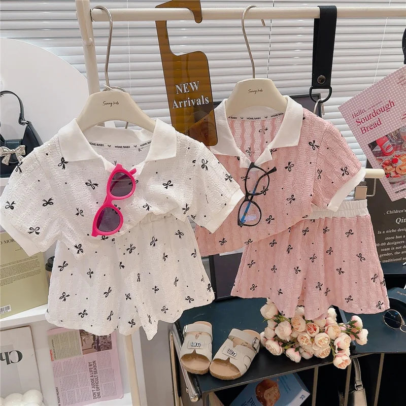 Girls Bow Print Clothing Sets Fashion Big Kids Polo Short - View 2 | SAMAG