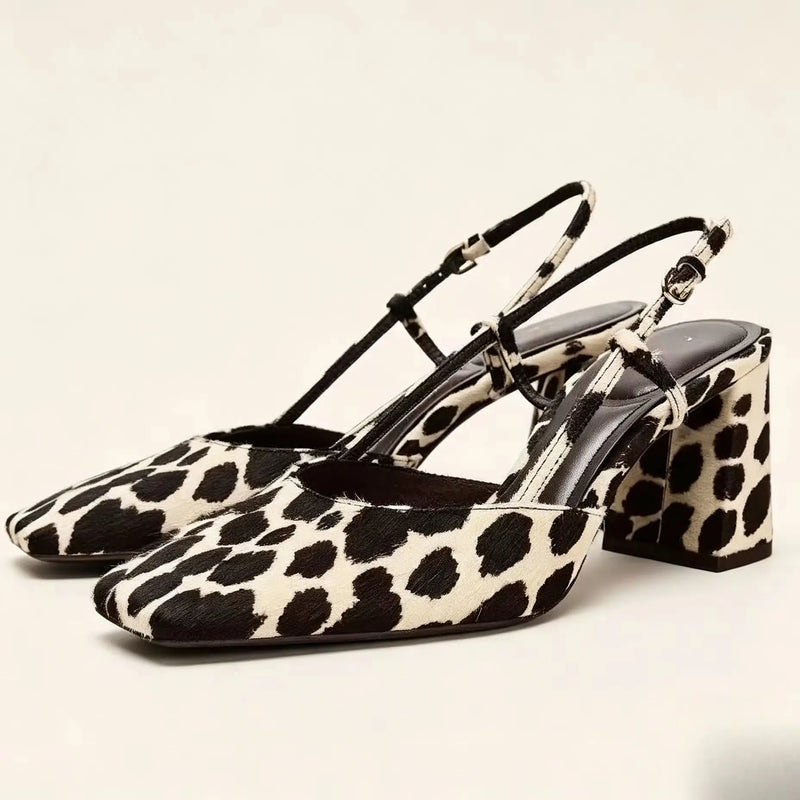 Women's Summer New Product Leopard Pattern Square Head Shallow Mouth Thick Heel Square Head Retro Versatile High Heels