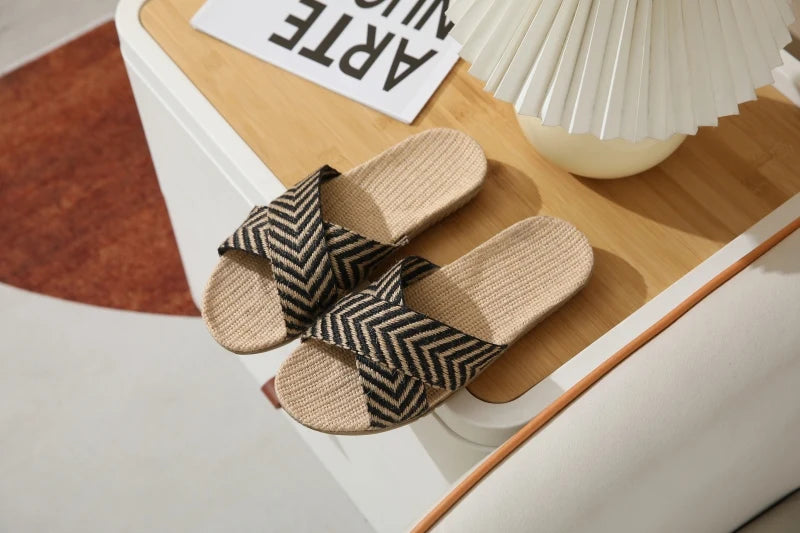 SHAJI Summer Women's Linen Slippers Home; Women's lightweight Indoor Non-Slip Shoes; Thick Sole Beach Slides; Bohemian Style