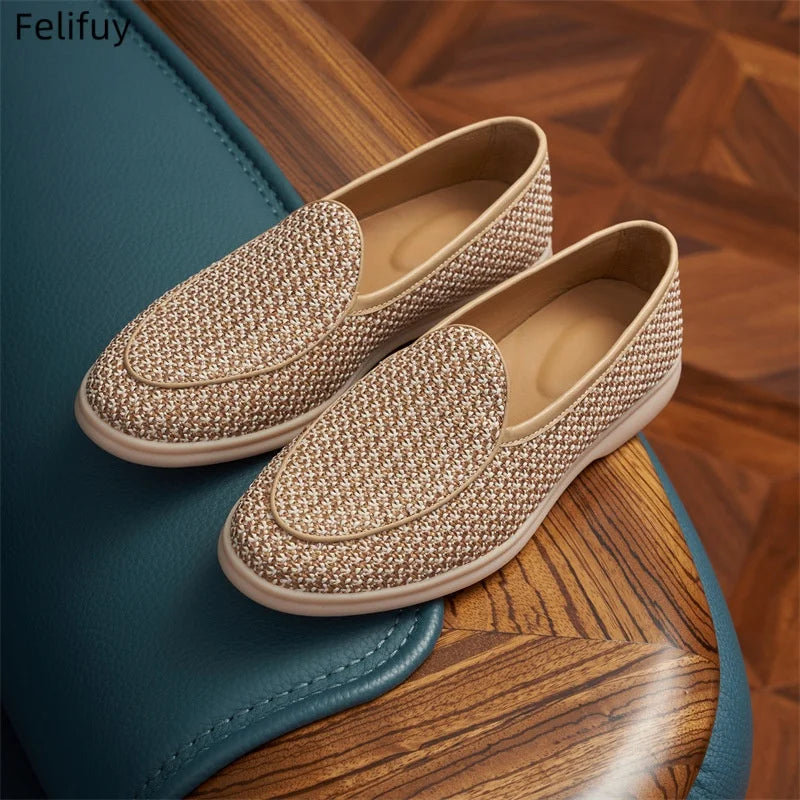 Handwoven Flax Straw Caual Shoes Men's Summer Breathable Linen Chinese Style Casual Wheat Color Genuine Leather Loafers Slip-On