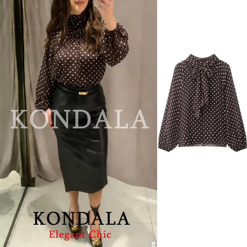 KONDALA Women Trendy Polka Dot Blouse Bow Tie O - Neck - View 9 | SAMAG