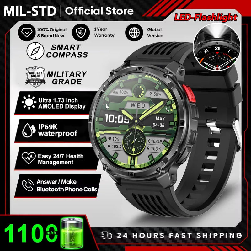 2026 New 1100mah AMOLED Smart Watch Men 170+Sport Fitness LED Flashlight IP69 Waterproof Bluetooth call GPS track Smartwatch iOS
