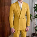 Men's Linen Suit 2-Piece Khaki Shawl Collar Double-Breasted Slim Fit Breathable Jacket and Pants Formal Set for Summer Business